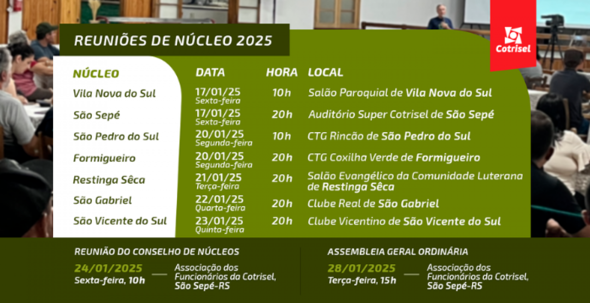 CALENDÁRIO DAS REUNIÕES DE NÚCLEOS COOPERATIVOS DA COTRISEL 2025